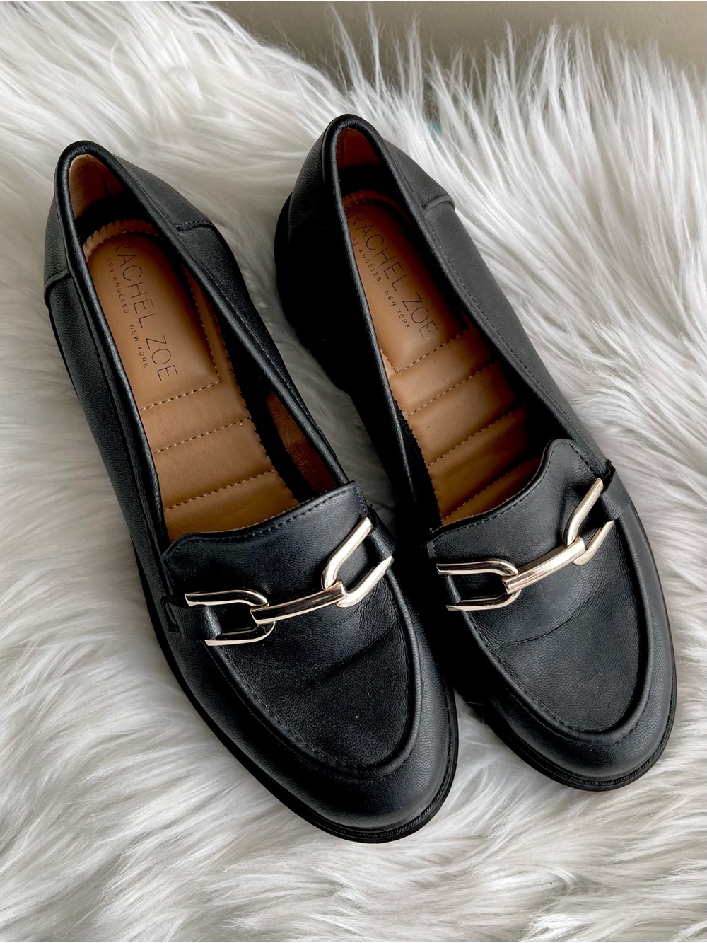 Rachel Zoe Mila Black Leather Loafers with Gold Horsebit